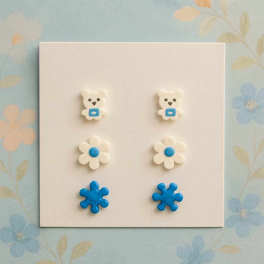 Adorable Stud Earring Set(Yellow Heart,White Teddy,Orange Butterfly)