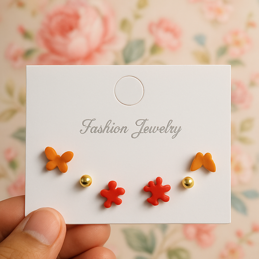 Adorable Stud Earring Set(Yellow Heart,White Teddy,Orange Butterfly)