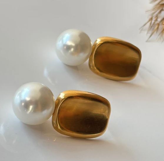 Abstract Gold & Pearl Earrings - Contemporary Design