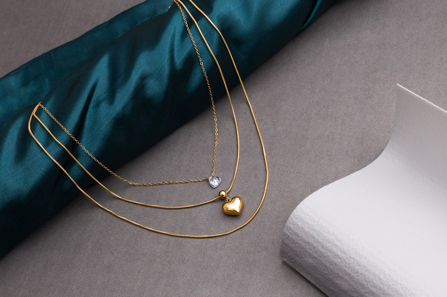 Elegant Gold Heart Pendant  Three Layered Chain