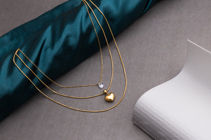 Elegant Gold Heart Pendant  Three Layered Chain