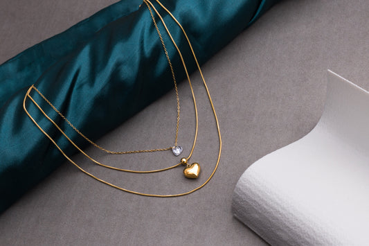 Elegant Gold Heart Pendant  Three Layered Chain