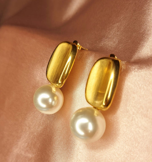 Abstract Gold & Pearl Earrings - Contemporary Design